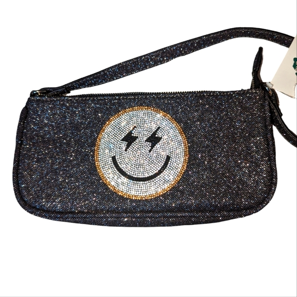 NWT Skinny Dip London Sparkly Black with Silver Happy ⚡⚡Face Purse - Picture 7 of 16